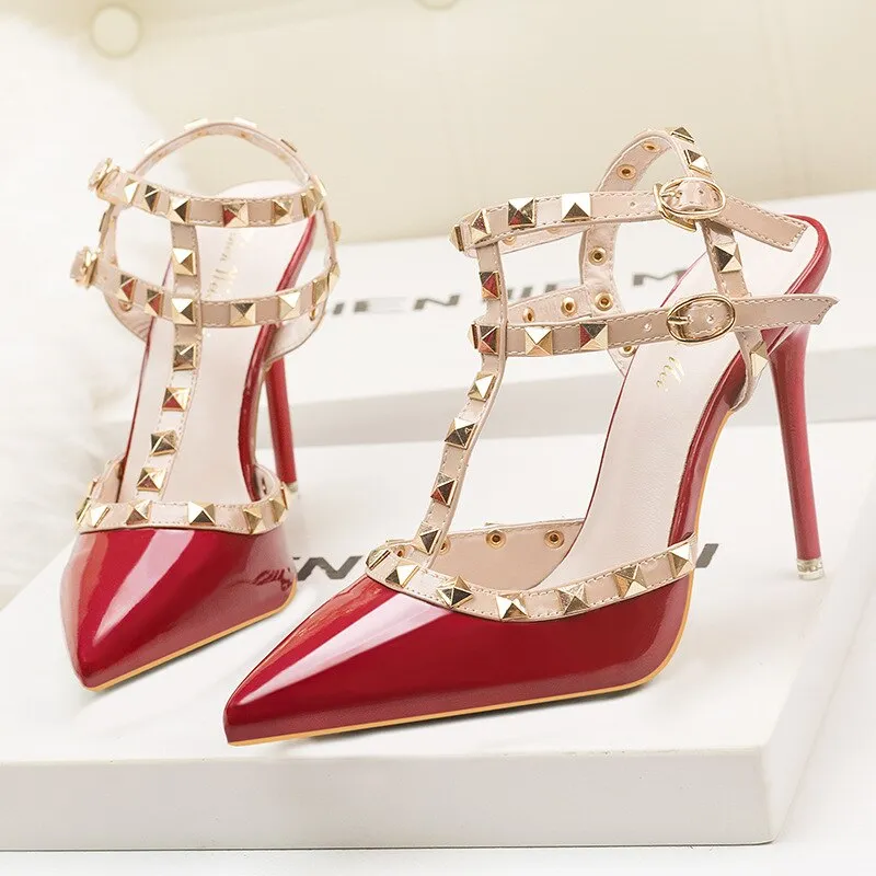 Amozae- Women's Shoes 10CM PUMPS European   Nightclub Heels Patent-Leather Metallic Rivets   Nightclub Single Shoes Gladiator