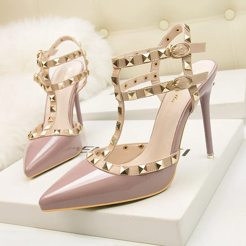 Amozae- Women's Shoes 10CM PUMPS European   Nightclub Heels Patent-Leather Metallic Rivets   Nightclub Single Shoes Gladiator