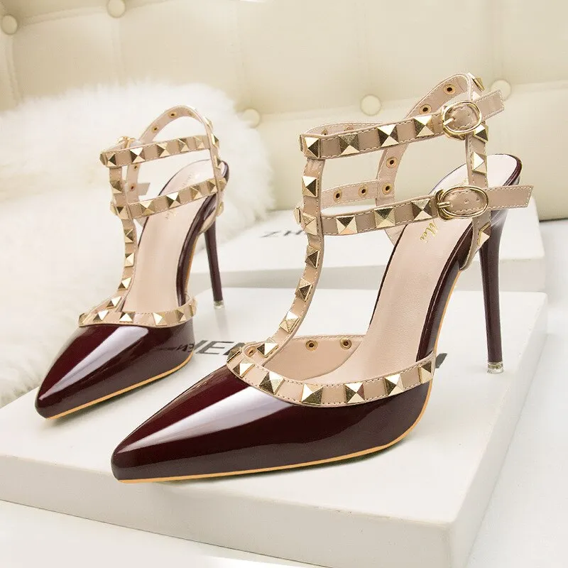 Amozae- Women's Shoes 10CM PUMPS European   Nightclub Heels Patent-Leather Metallic Rivets   Nightclub Single Shoes Gladiator