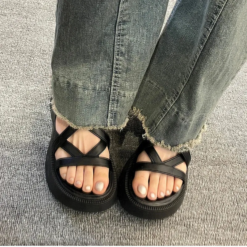 binfenxie Summer Gladiator Platform Flats Women Sandals Fashion Open Toe Narrow Band Shoes Ladies Outdoor Party Dress Sandals