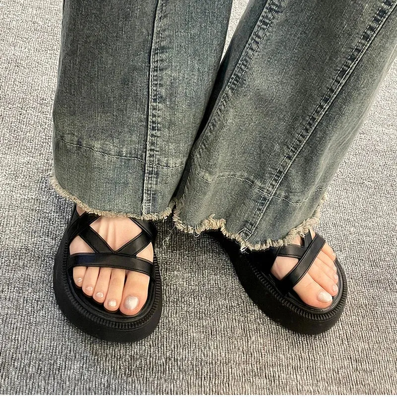 binfenxie Summer Gladiator Platform Flats Women Sandals Fashion Open Toe Narrow Band Shoes Ladies Outdoor Party Dress Sandals