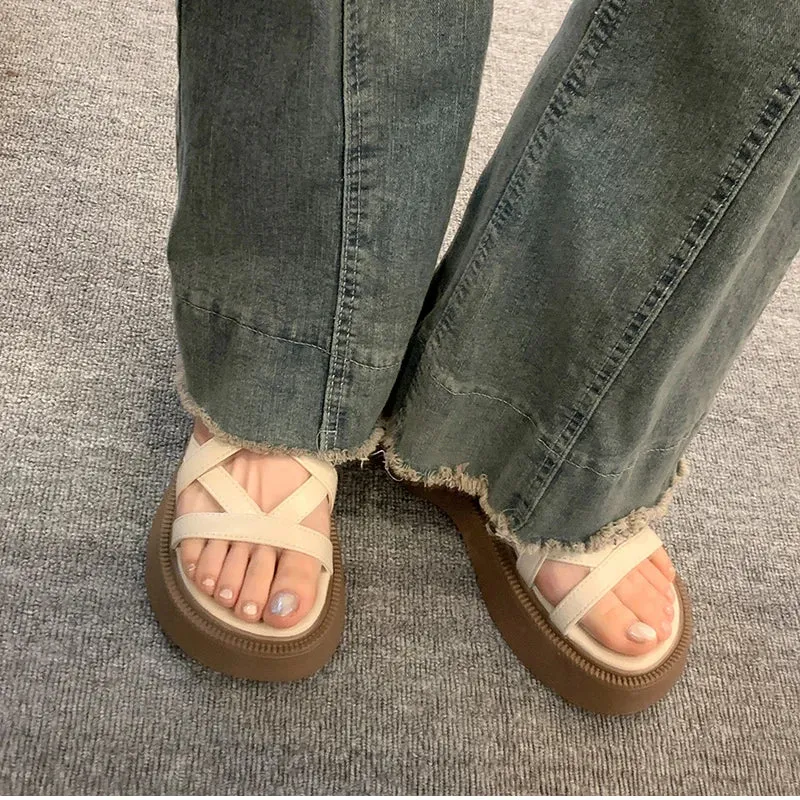 binfenxie Summer Gladiator Platform Flats Women Sandals Fashion Open Toe Narrow Band Shoes Ladies Outdoor Party Dress Sandals