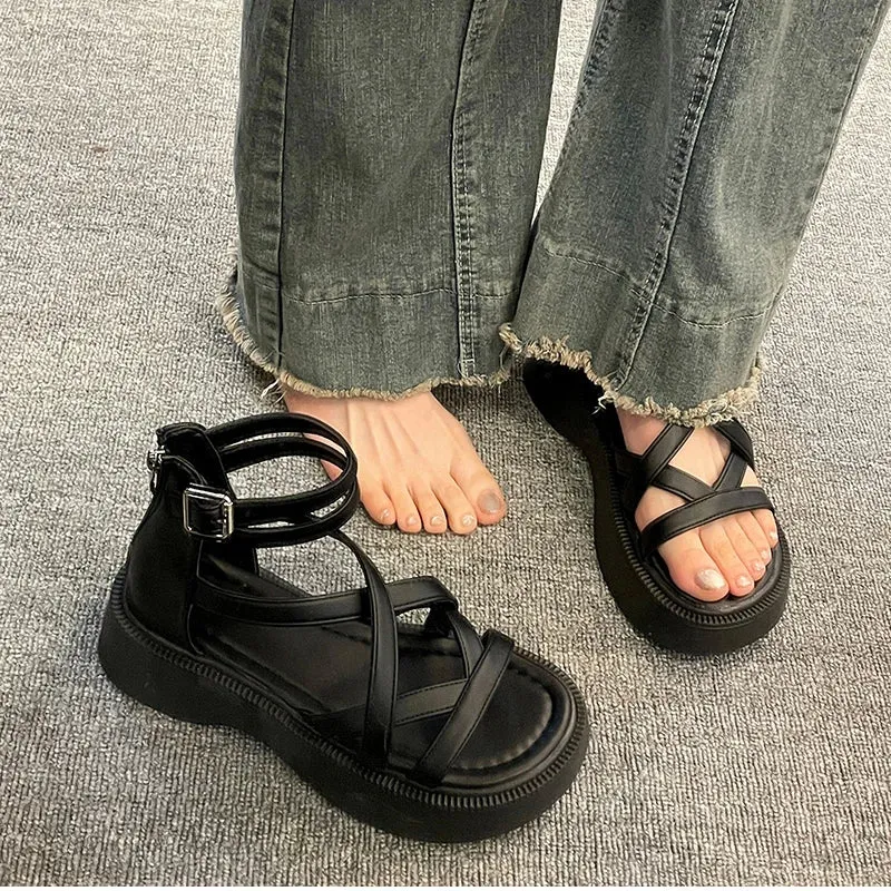 binfenxie Summer Gladiator Platform Flats Women Sandals Fashion Open Toe Narrow Band Shoes Ladies Outdoor Party Dress Sandals