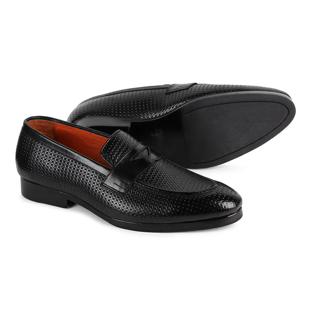 Black Glossed Woven detail Penny Loafers