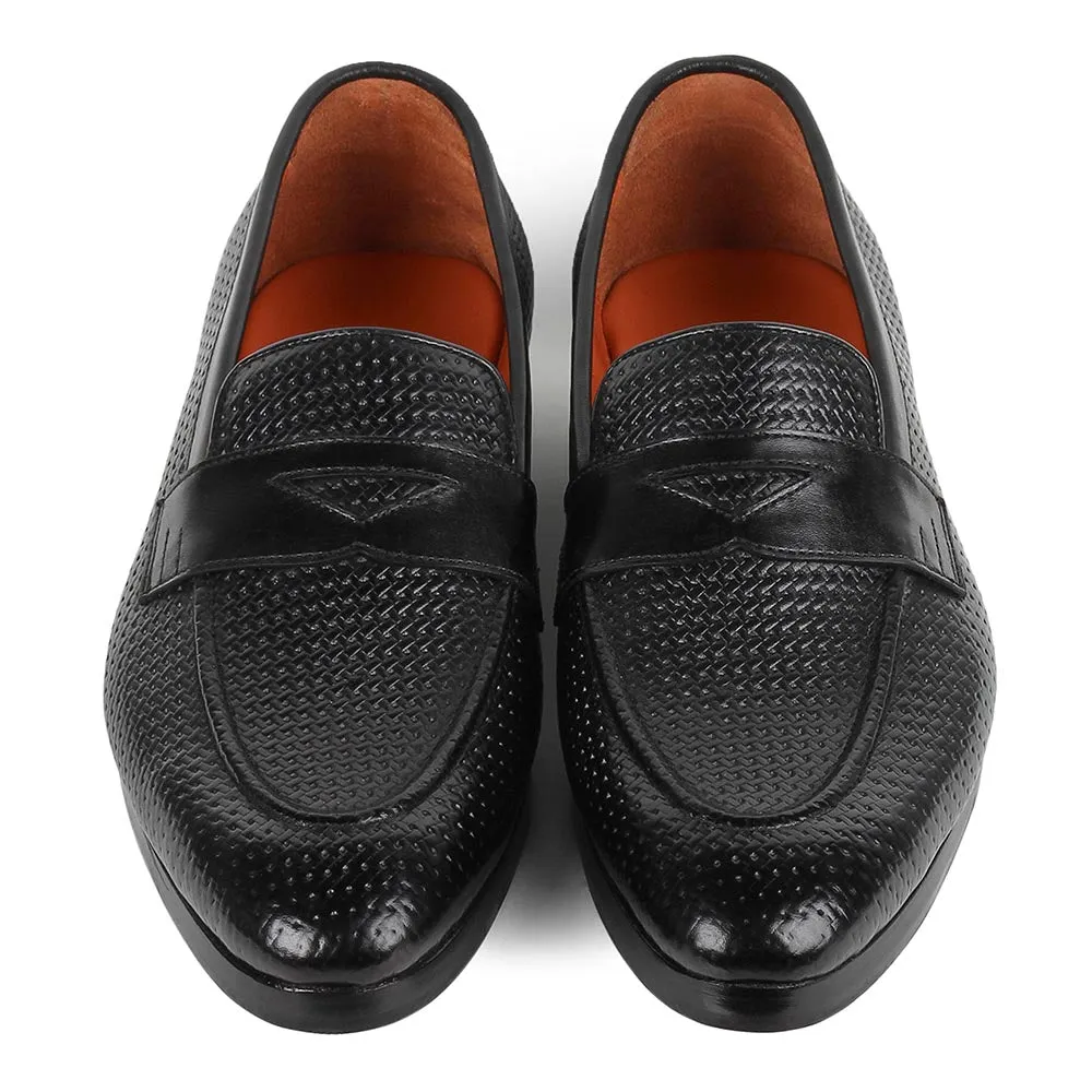 Black Glossed Woven detail Penny Loafers