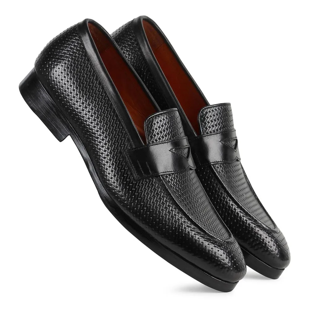 Black Glossed Woven detail Penny Loafers