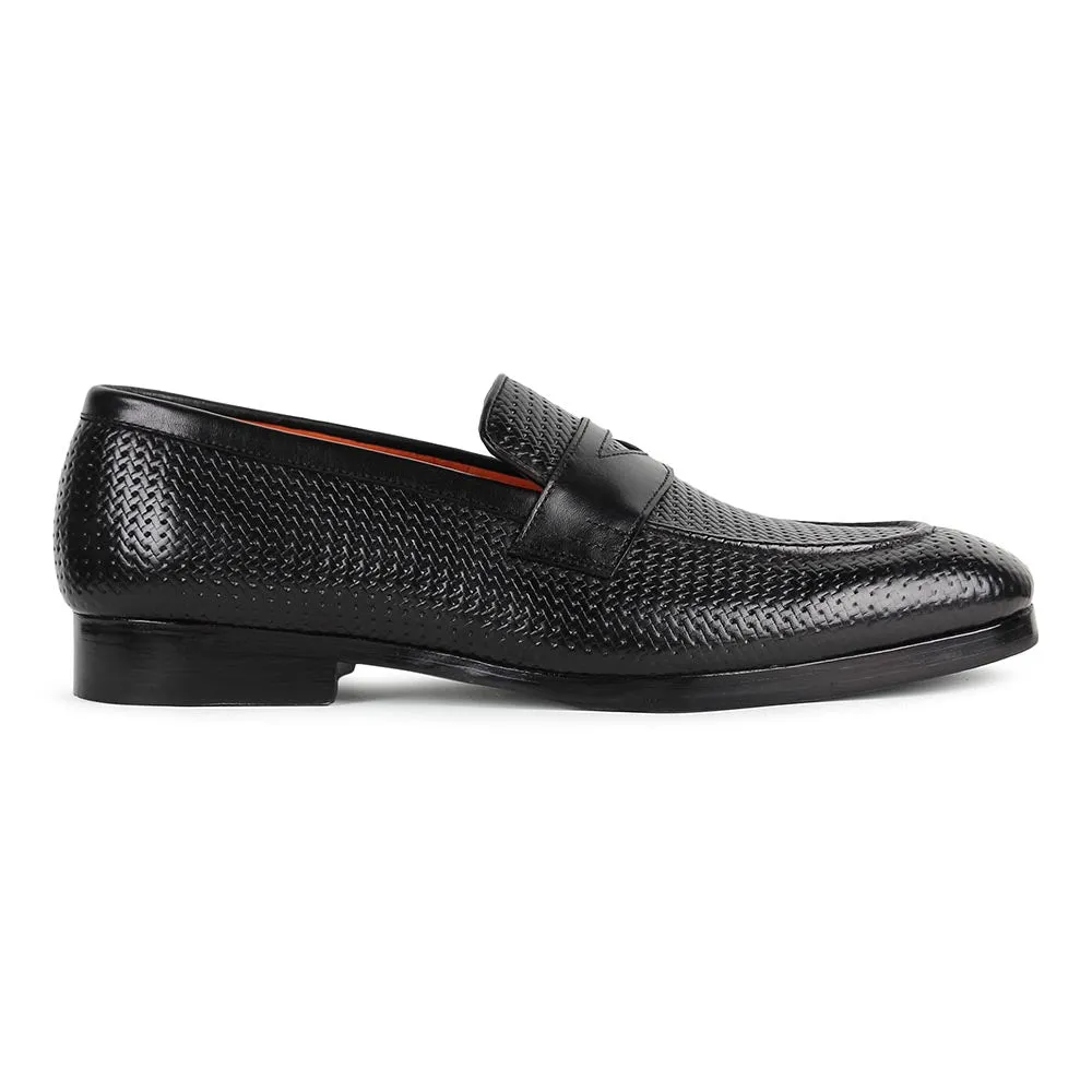 Black Glossed Woven detail Penny Loafers