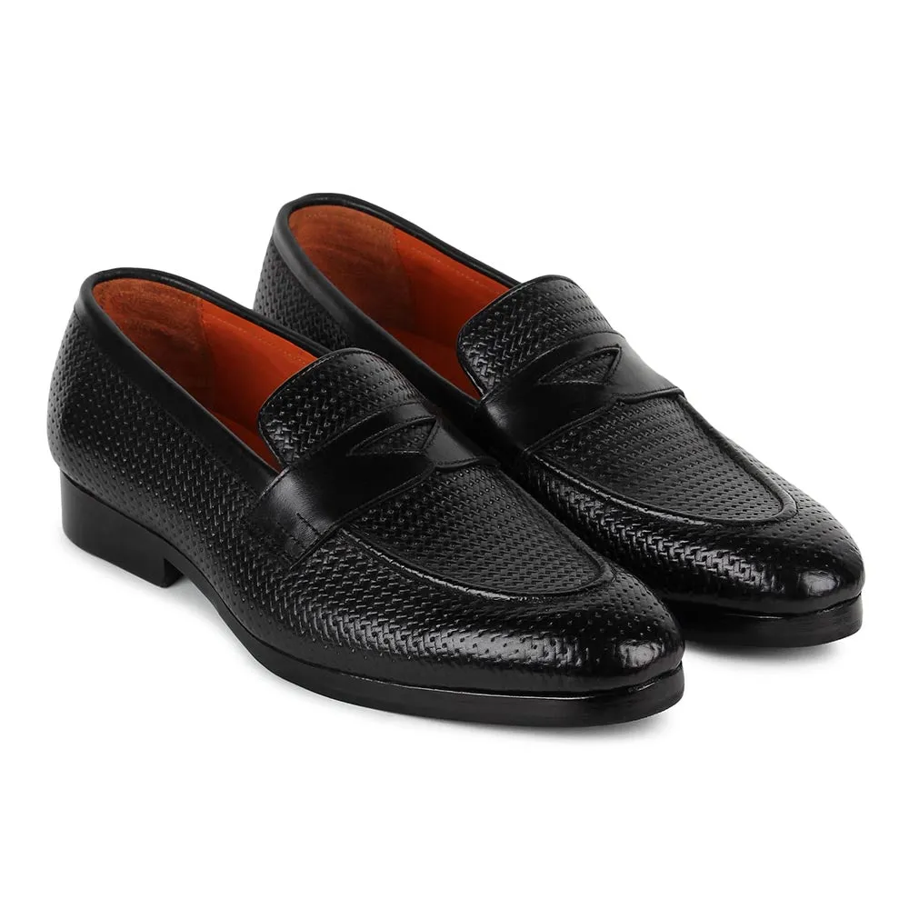 Black Glossed Woven detail Penny Loafers