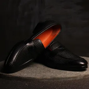 Black Glossed Woven detail Penny Loafers