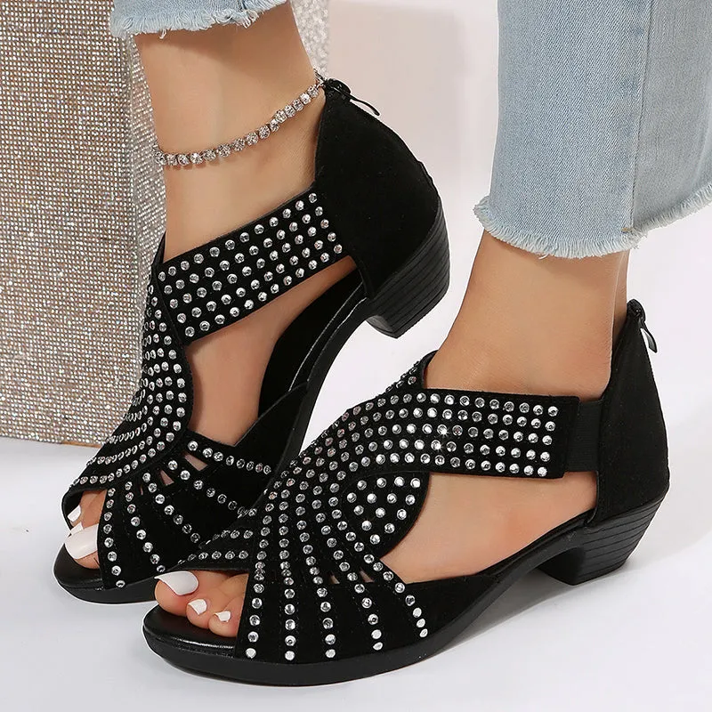 Black rhinestone cut-out chunky heels sandals