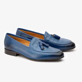 Blue Low Cut Tassel Loafers with Croco detail