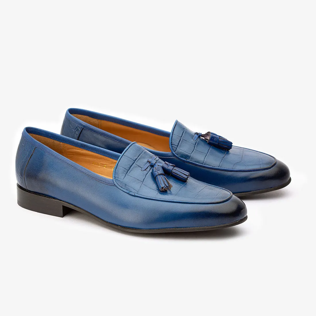 Blue Low Cut Tassel Loafers with Croco detail