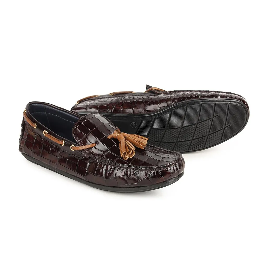 Brown Glossed Croco Tassel Driving Loafers