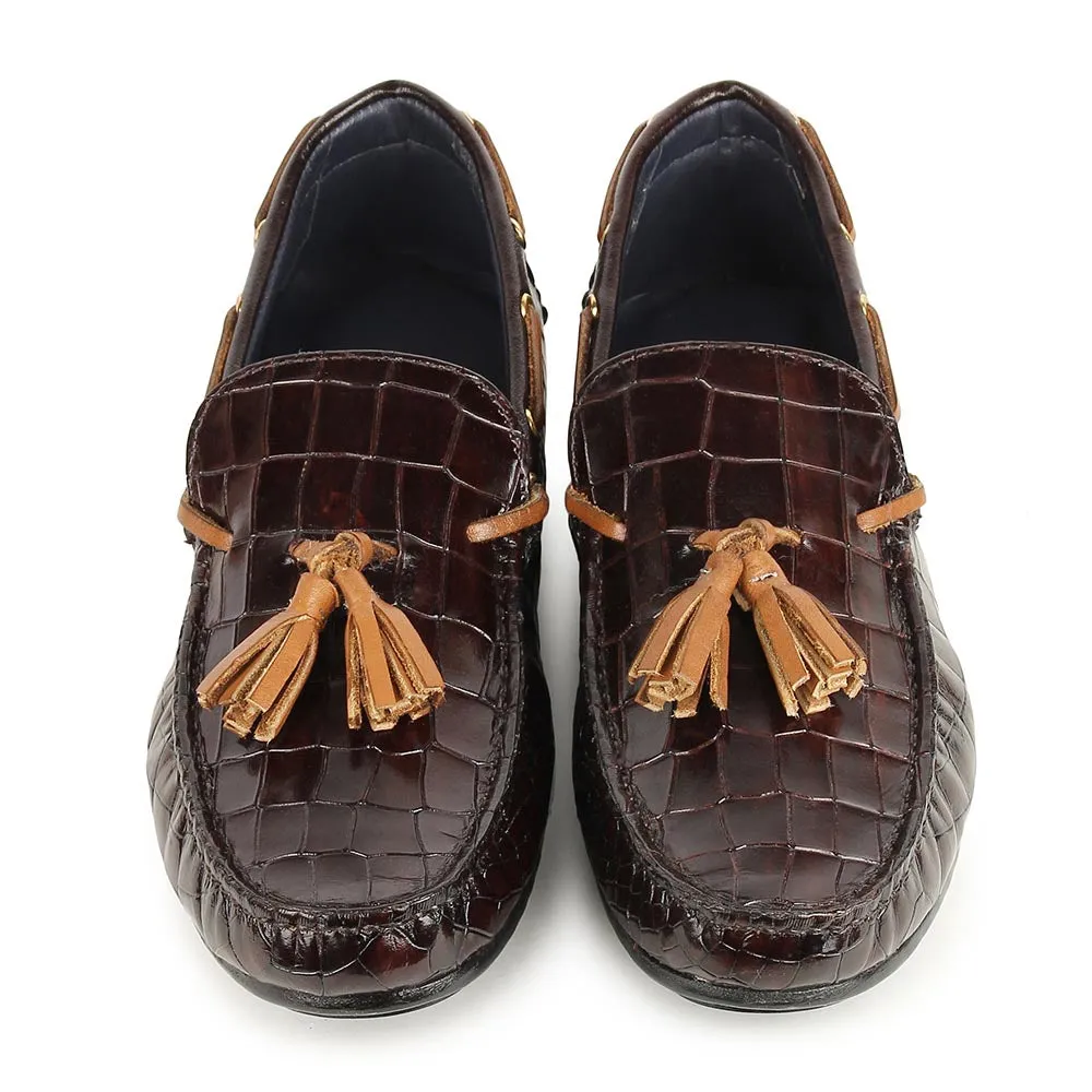 Brown Glossed Croco Tassel Driving Loafers