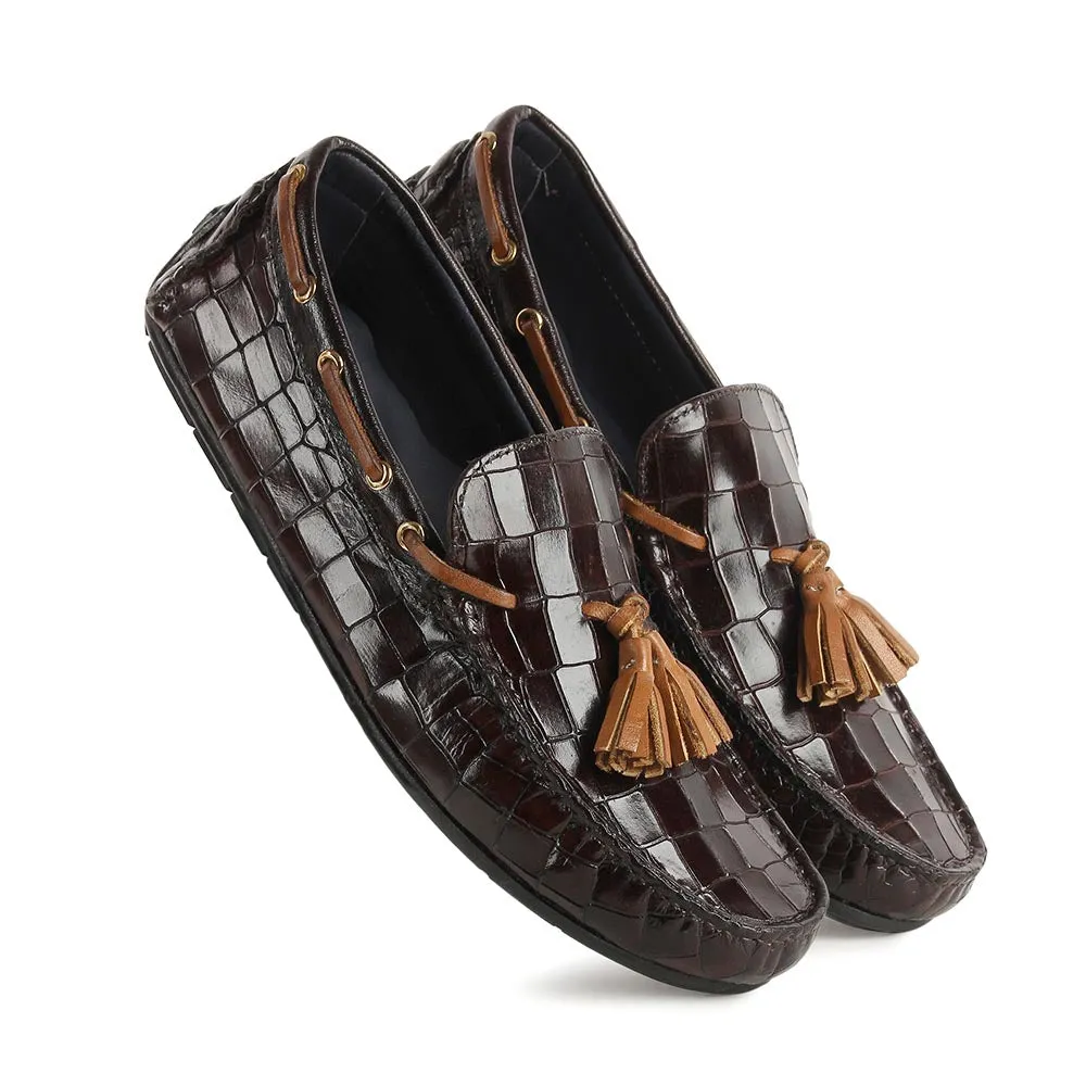 Brown Glossed Croco Tassel Driving Loafers