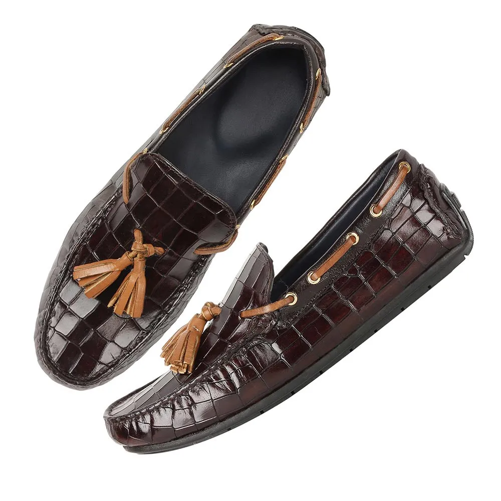 Brown Glossed Croco Tassel Driving Loafers