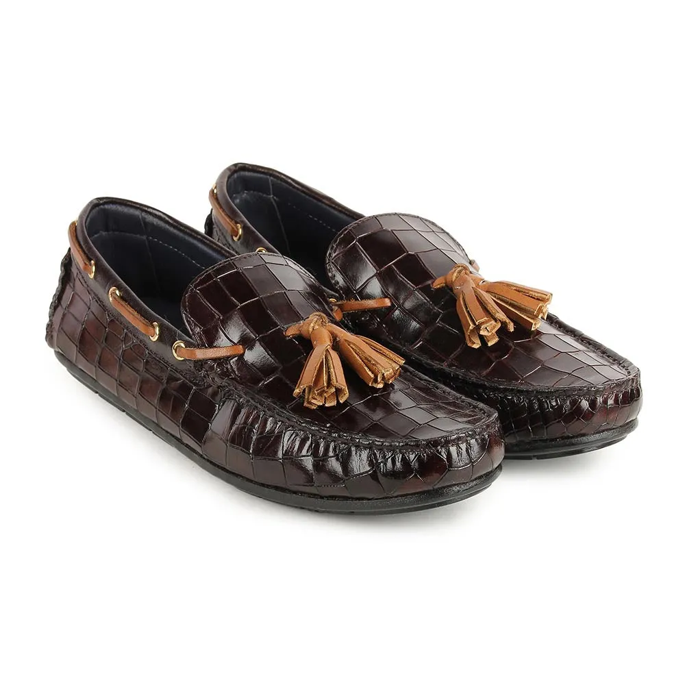 Brown Glossed Croco Tassel Driving Loafers