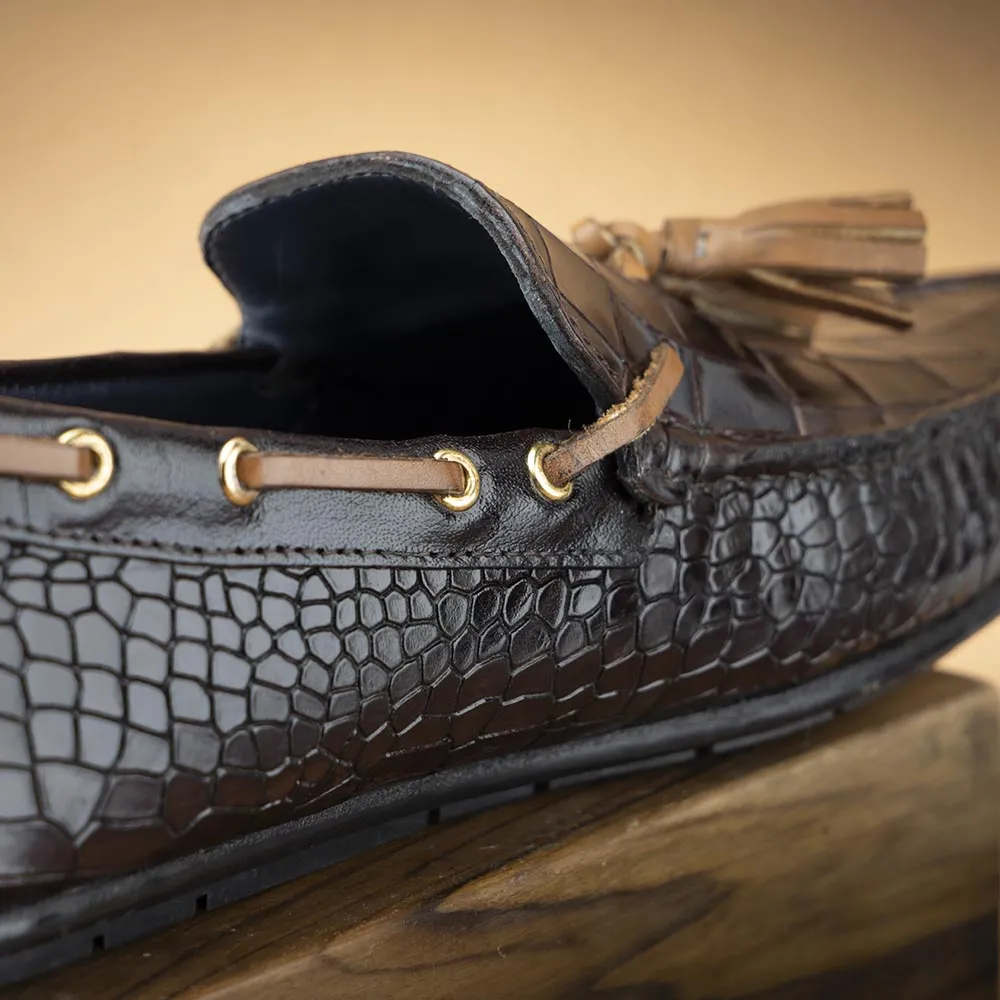 Brown Glossed Croco Tassel Driving Loafers