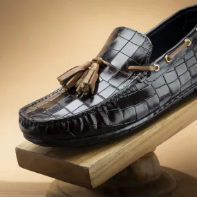 Brown Glossed Croco Tassel Driving Loafers