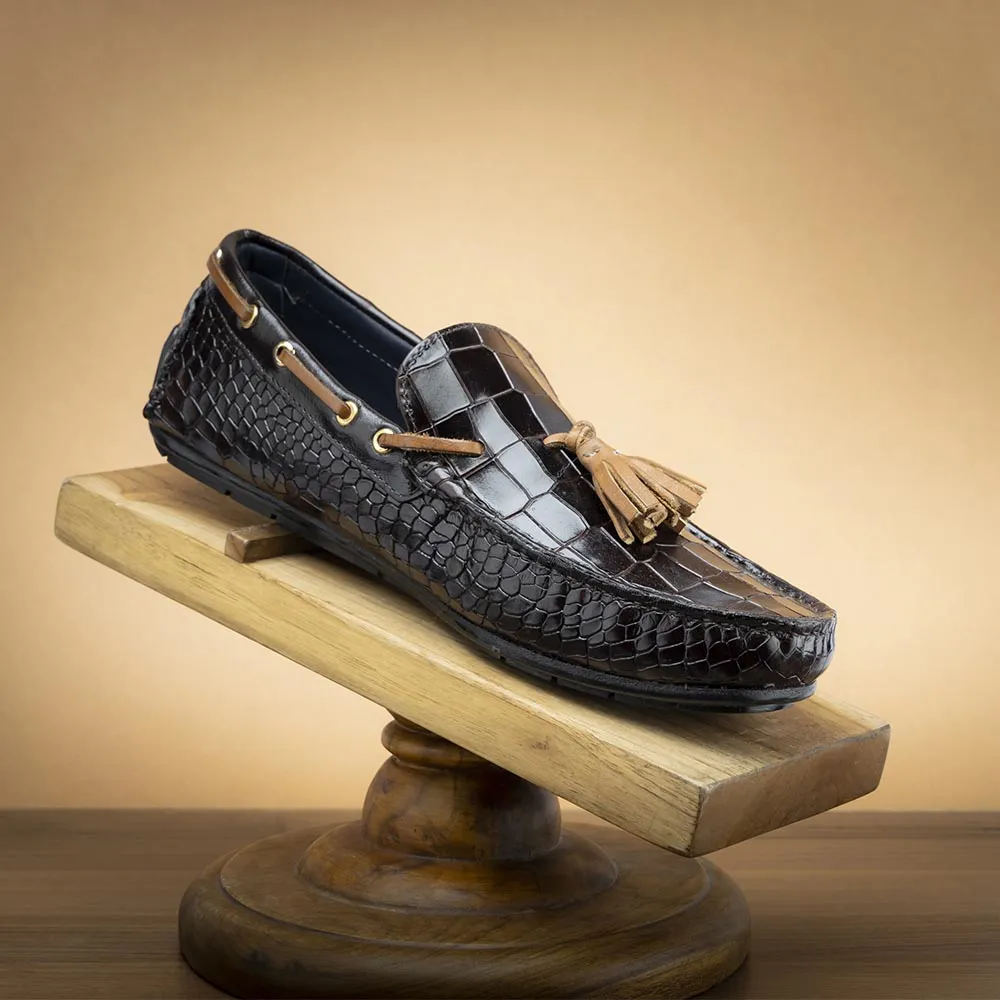 Brown Glossed Croco Tassel Driving Loafers