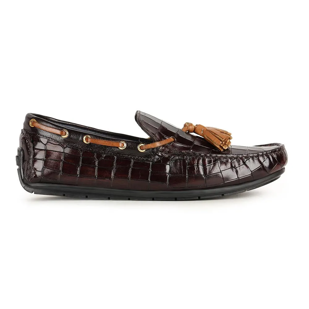 Brown Glossed Croco Tassel Driving Loafers