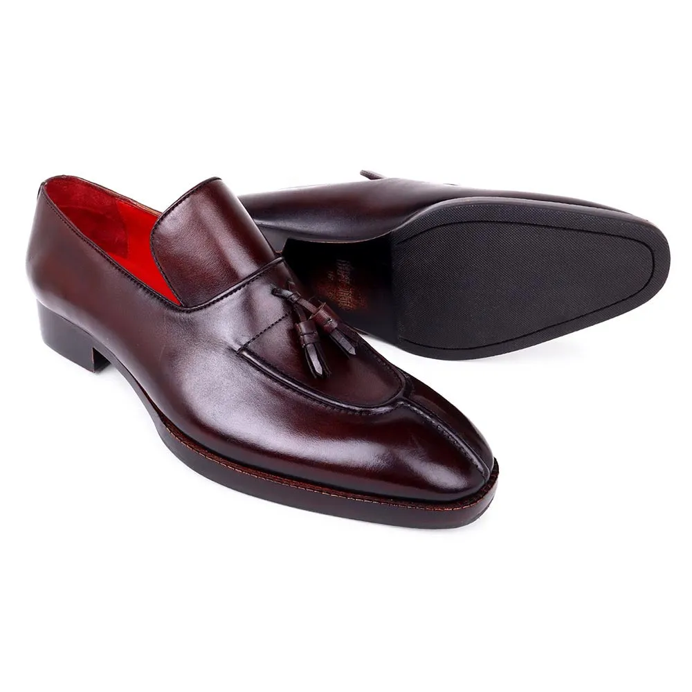 Brown Mirror Glossed Tassel Loafers With Apron Toe Stitch