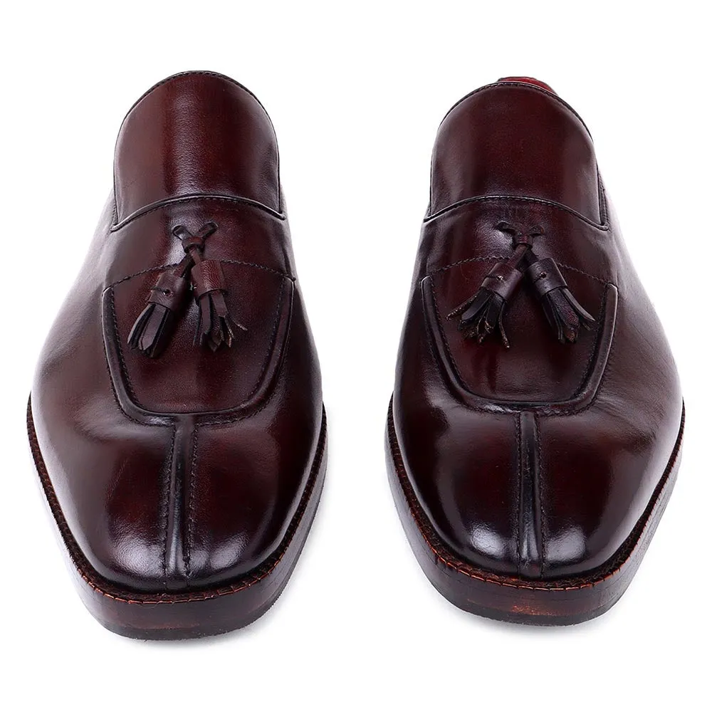 Brown Mirror Glossed Tassel Loafers With Apron Toe Stitch