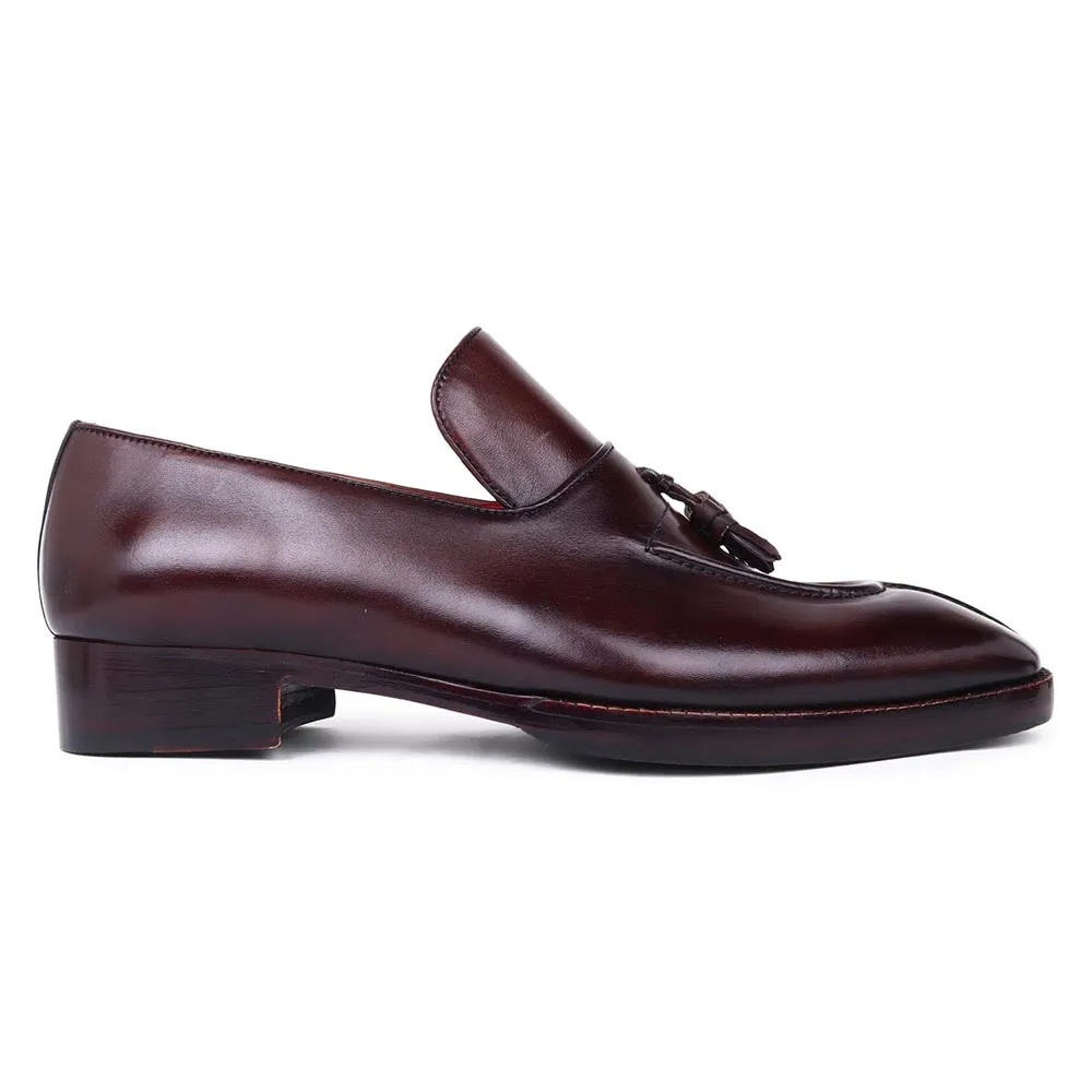 Brown Mirror Glossed Tassel Loafers With Apron Toe Stitch