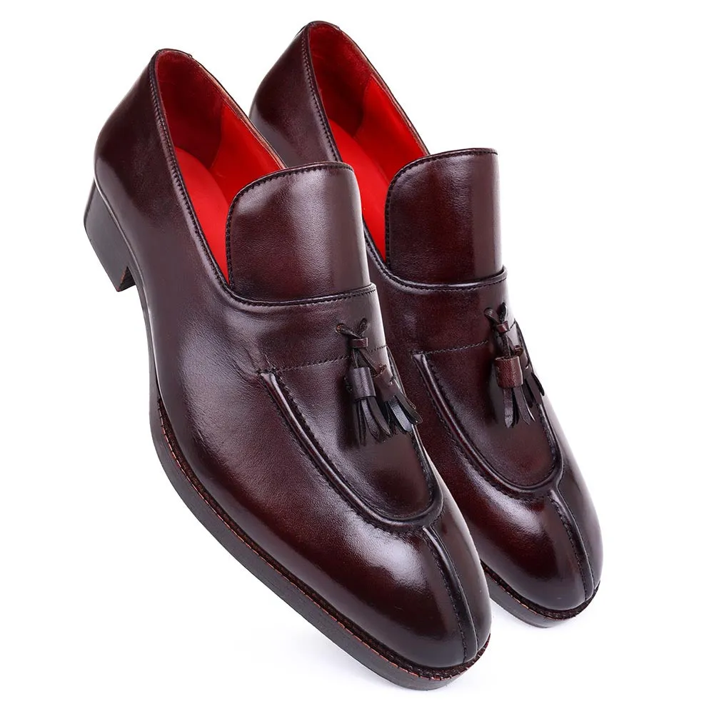 Brown Mirror Glossed Tassel Loafers With Apron Toe Stitch