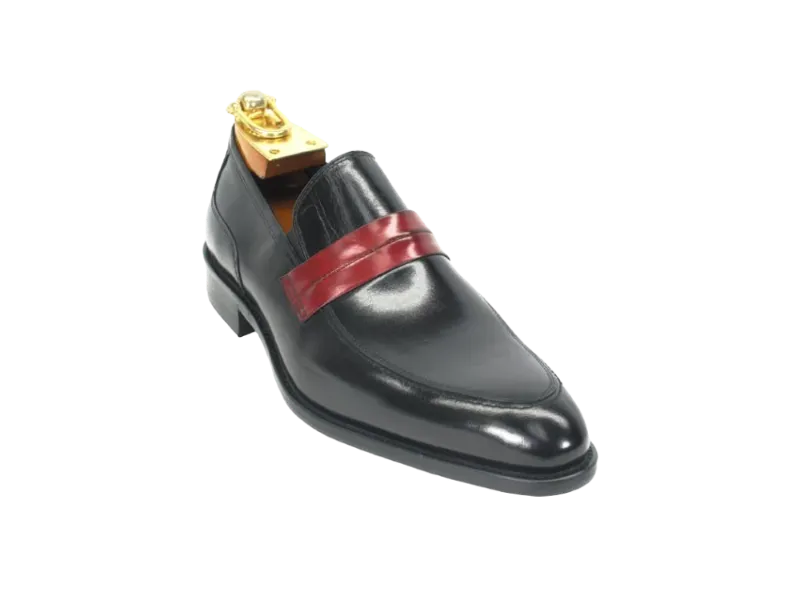 Carrucci Black and Red Men's Dress Shoe Genuine Calfskin Leather Slip-on Contrast Penny Loafer