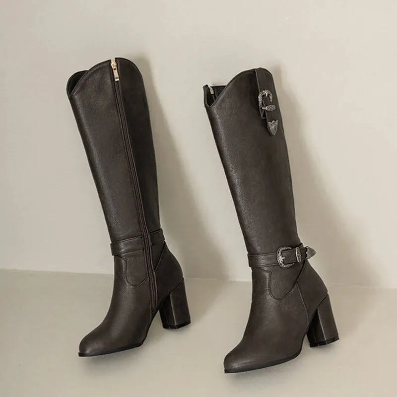 Chunky / Thick heeled buckle and zipper boots