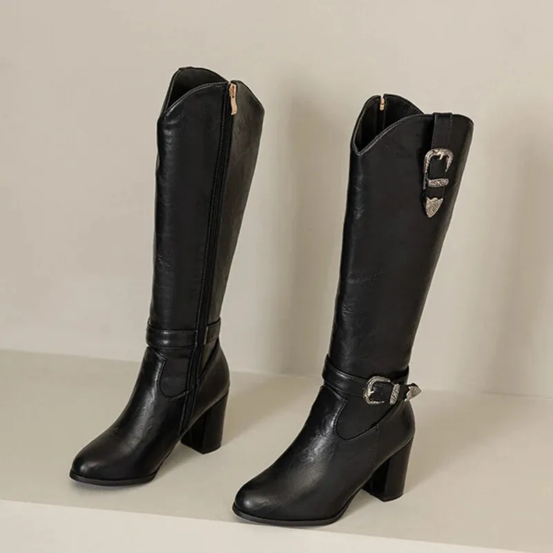 Chunky / Thick heeled buckle and zipper boots