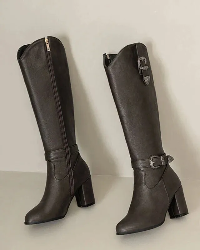 Chunky / Thick heeled buckle and zipper boots