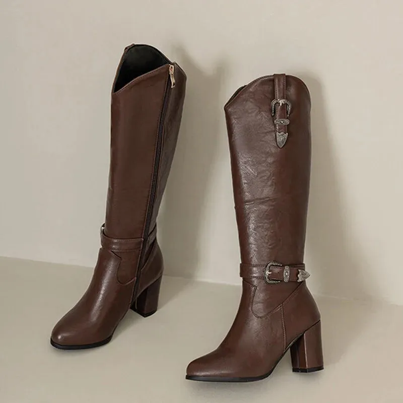 Chunky / Thick heeled buckle and zipper boots
