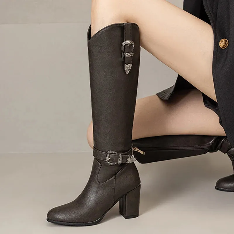 Chunky / Thick heeled buckle and zipper boots