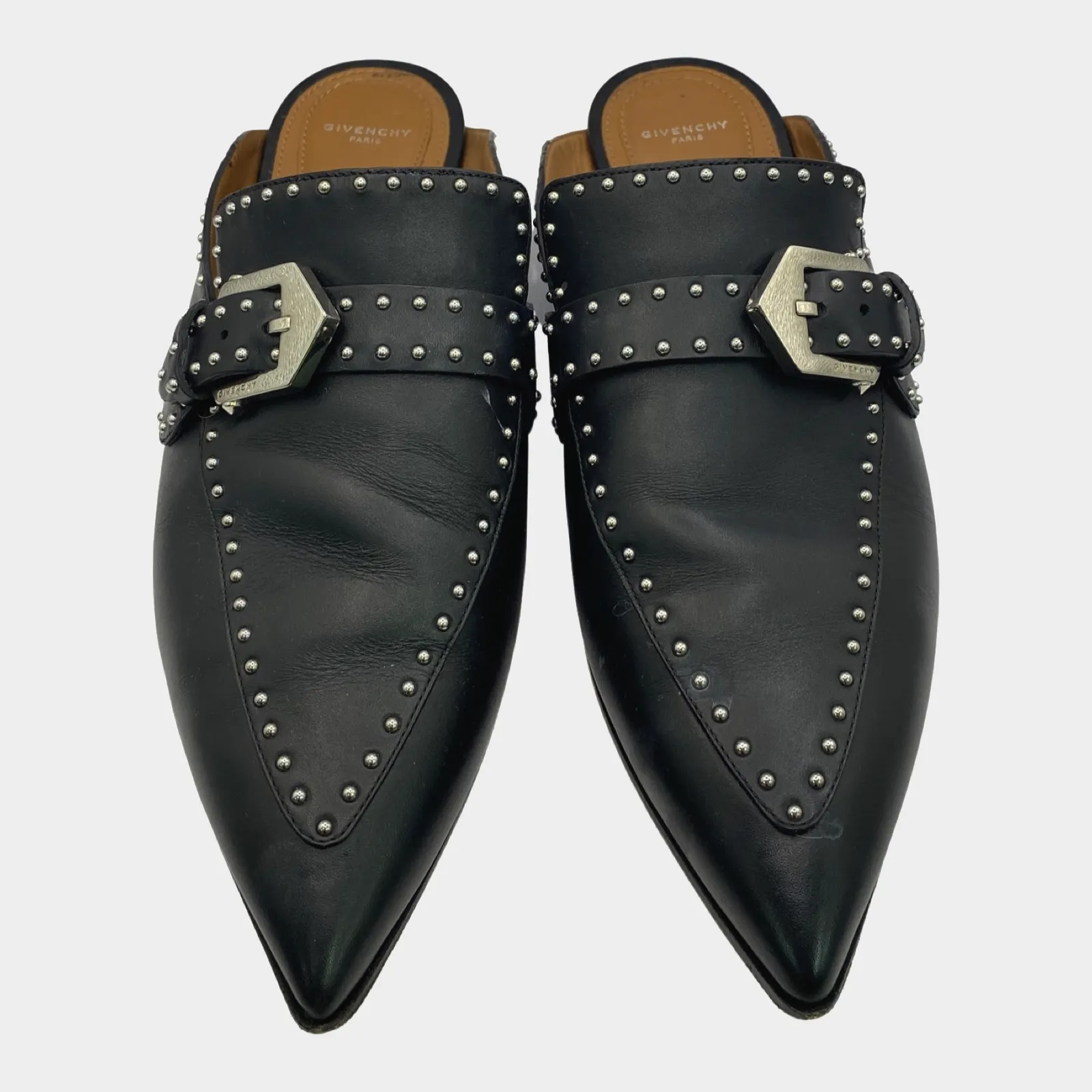 Givenchy women's black leather slip on loafers with silver hardware
