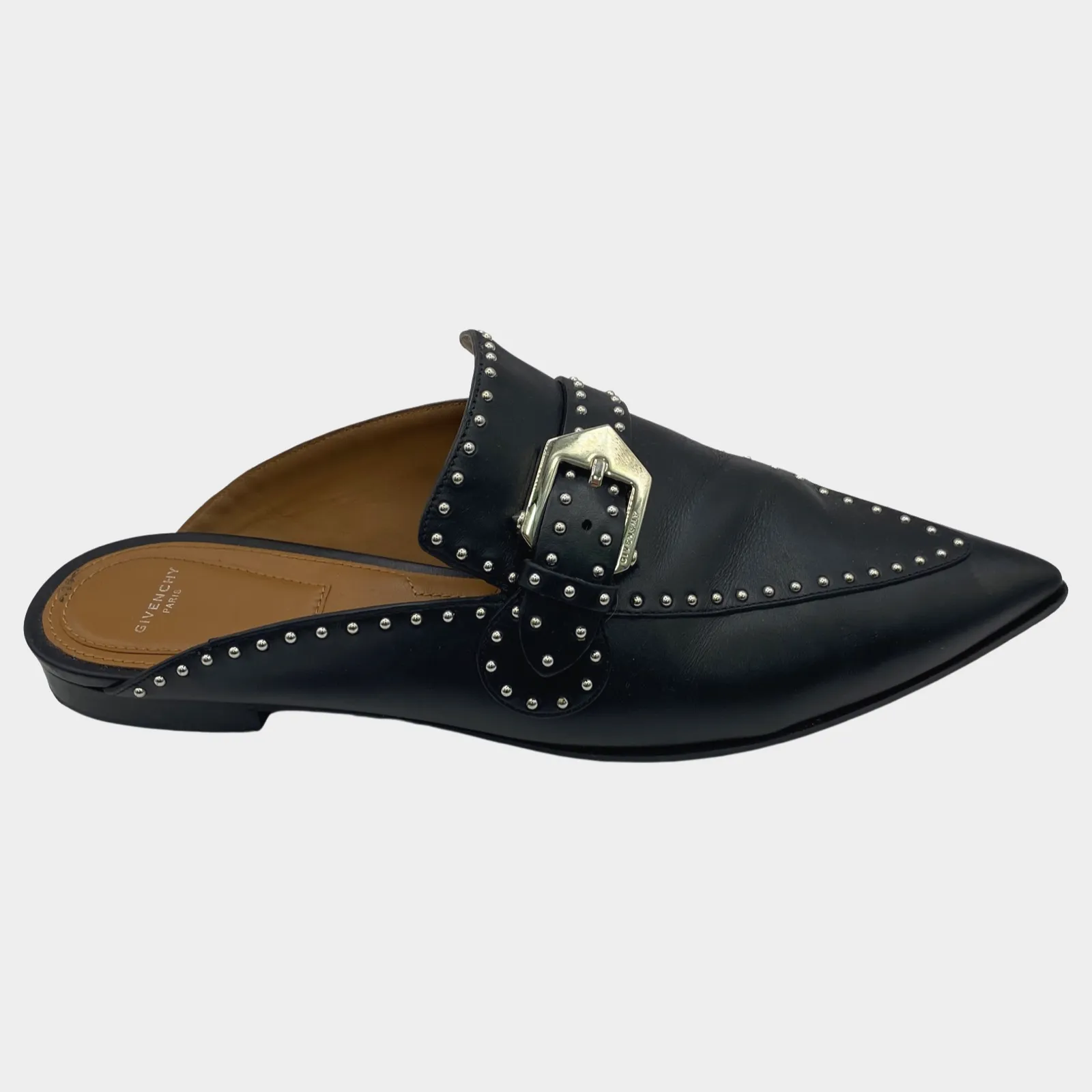 Givenchy women's black leather slip on loafers with silver hardware