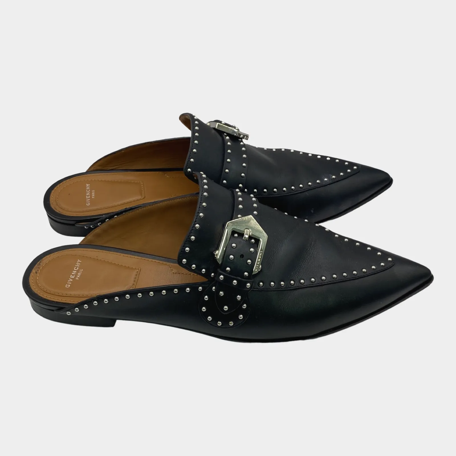 Givenchy women's black leather slip on loafers with silver hardware