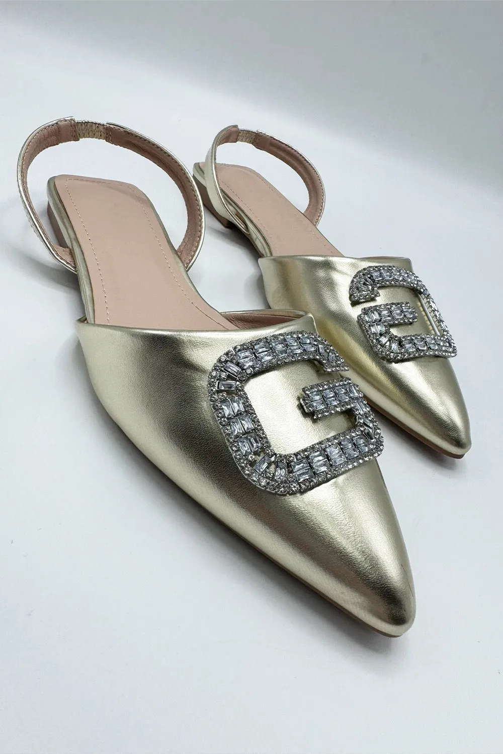 Iona Flat Sling Back Diamante Brooch Flat Mules in Gold