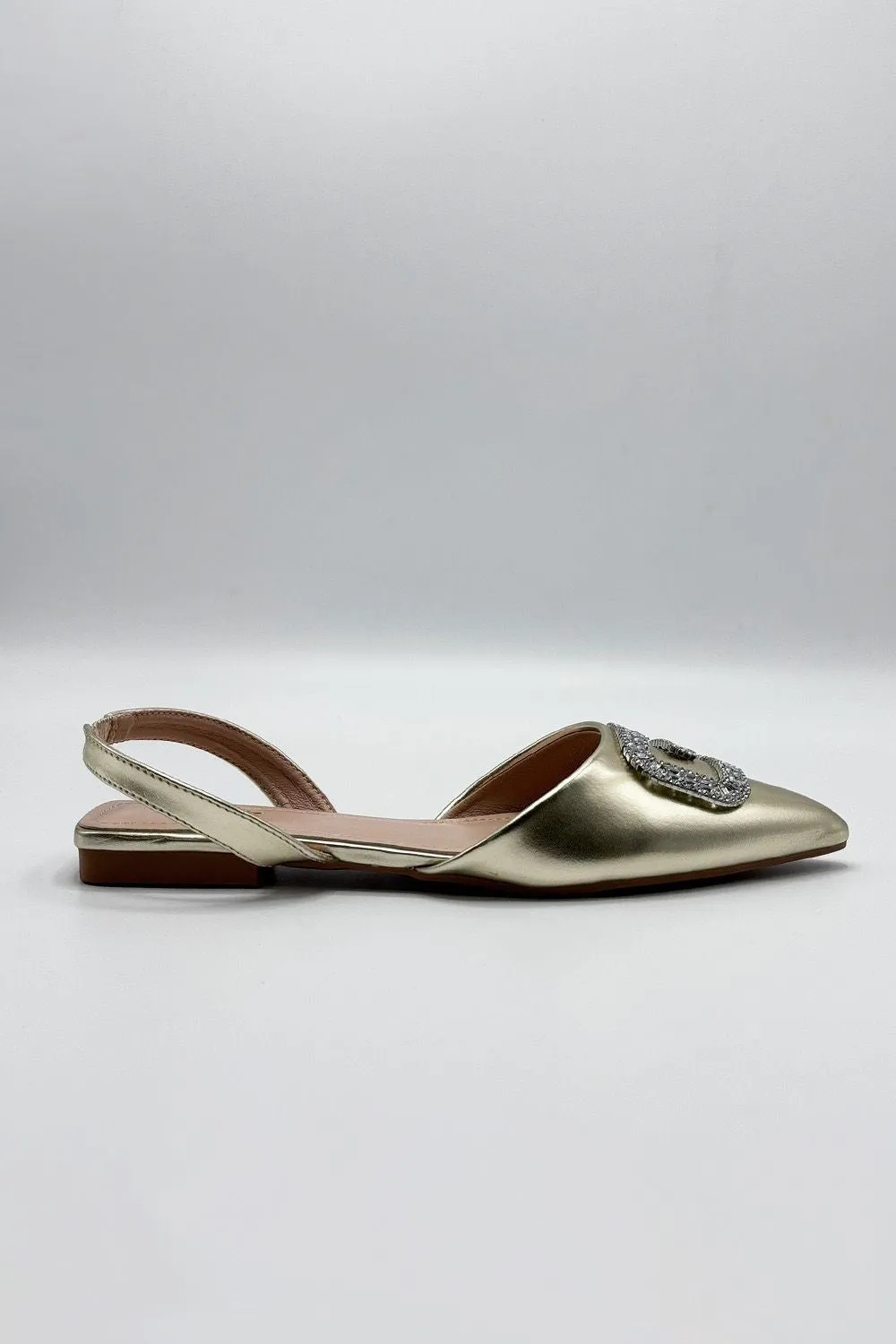 Iona Flat Sling Back Diamante Brooch Flat Mules in Gold