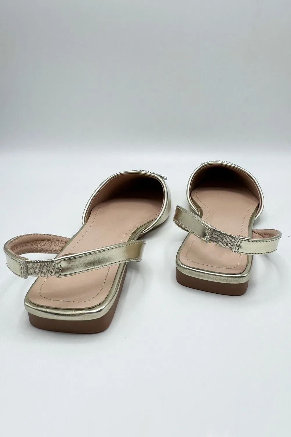 Iona Flat Sling Back Diamante Brooch Flat Mules in Gold