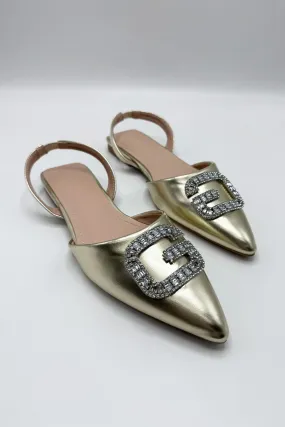Iona Flat Sling Back Diamante Brooch Flat Mules in Gold