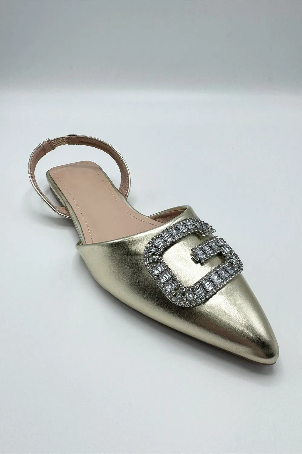 Iona Flat Sling Back Diamante Brooch Flat Mules in Gold