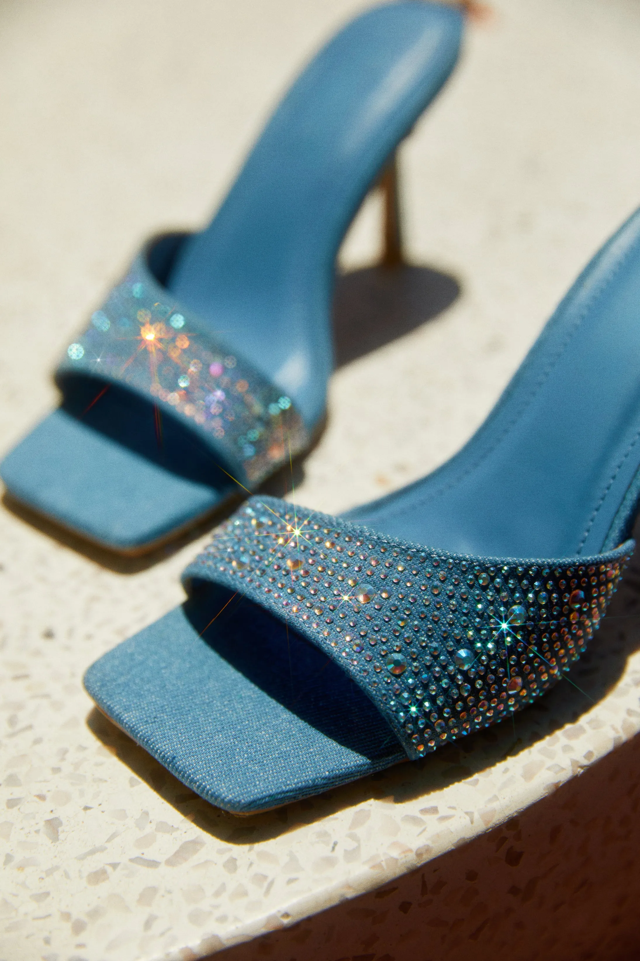 Irina Embellished Mid High Heels - Denim