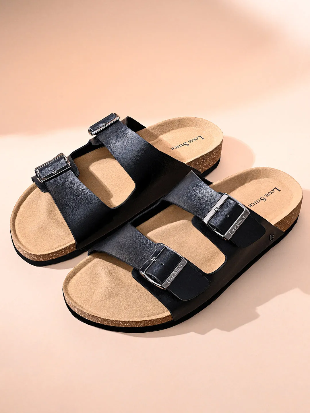 Jet Black Lightweight Open Toe Double Strap Slip-on Cork Sandal