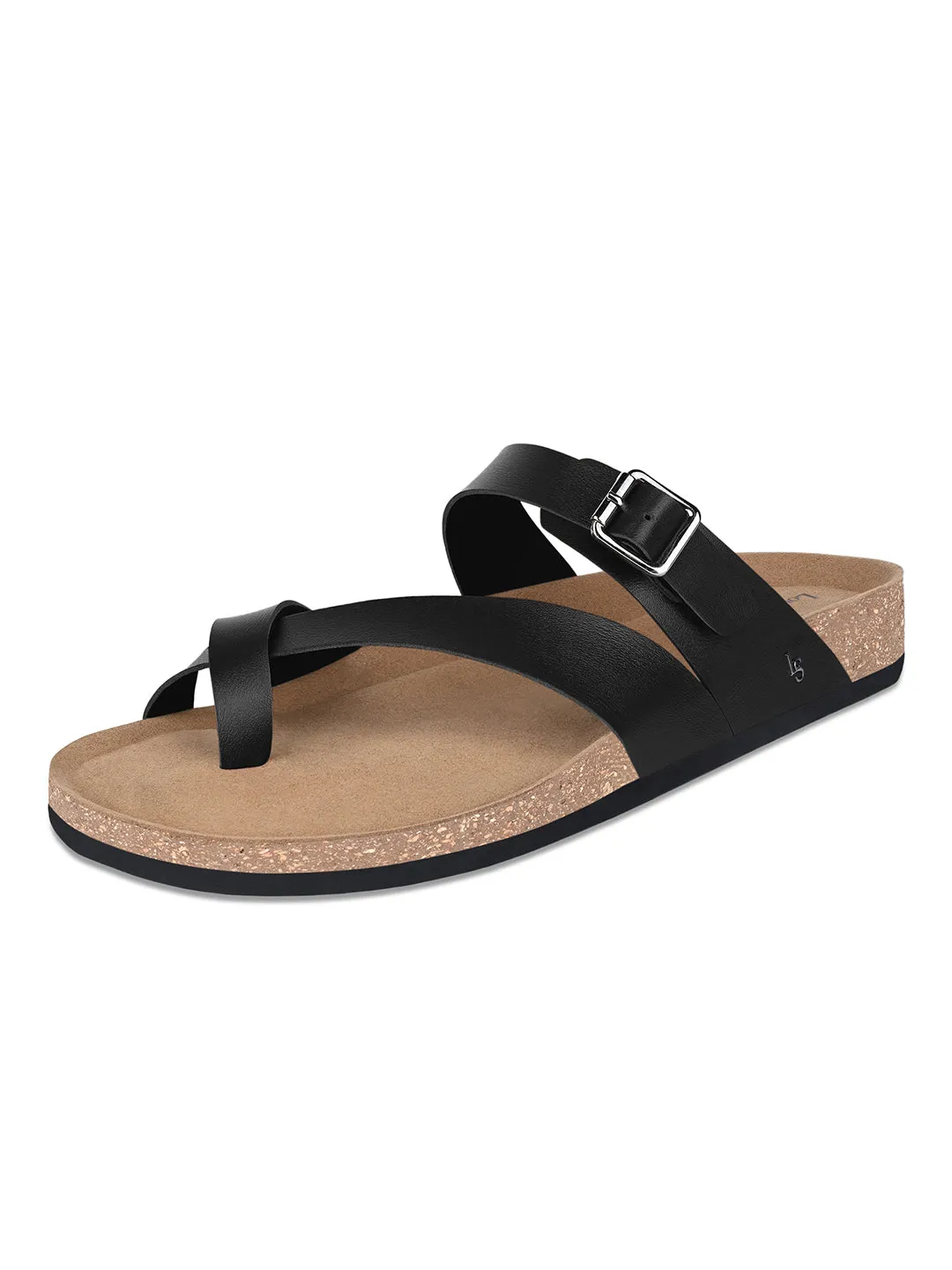 Jet Black Lightweight Open Toe ring Slip-on Cork Sandal