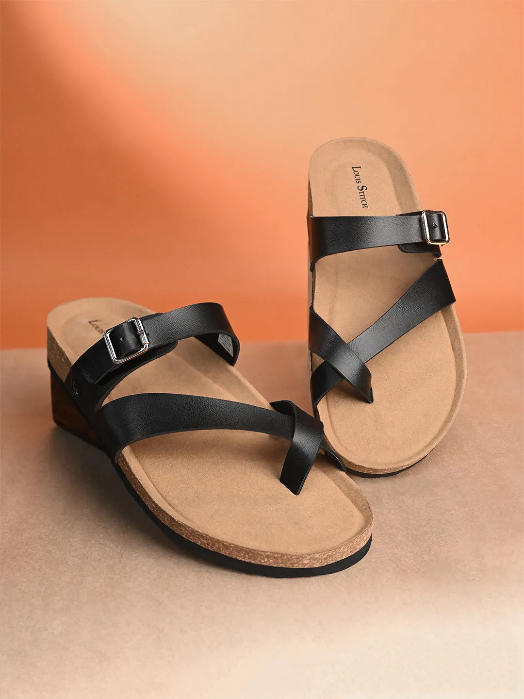 Jet Black Lightweight Open Toe ring Slip-on Cork Sandal