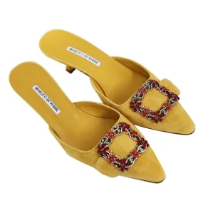 Manolo Blahnik Maysale Yellow Suede Buckle Mules