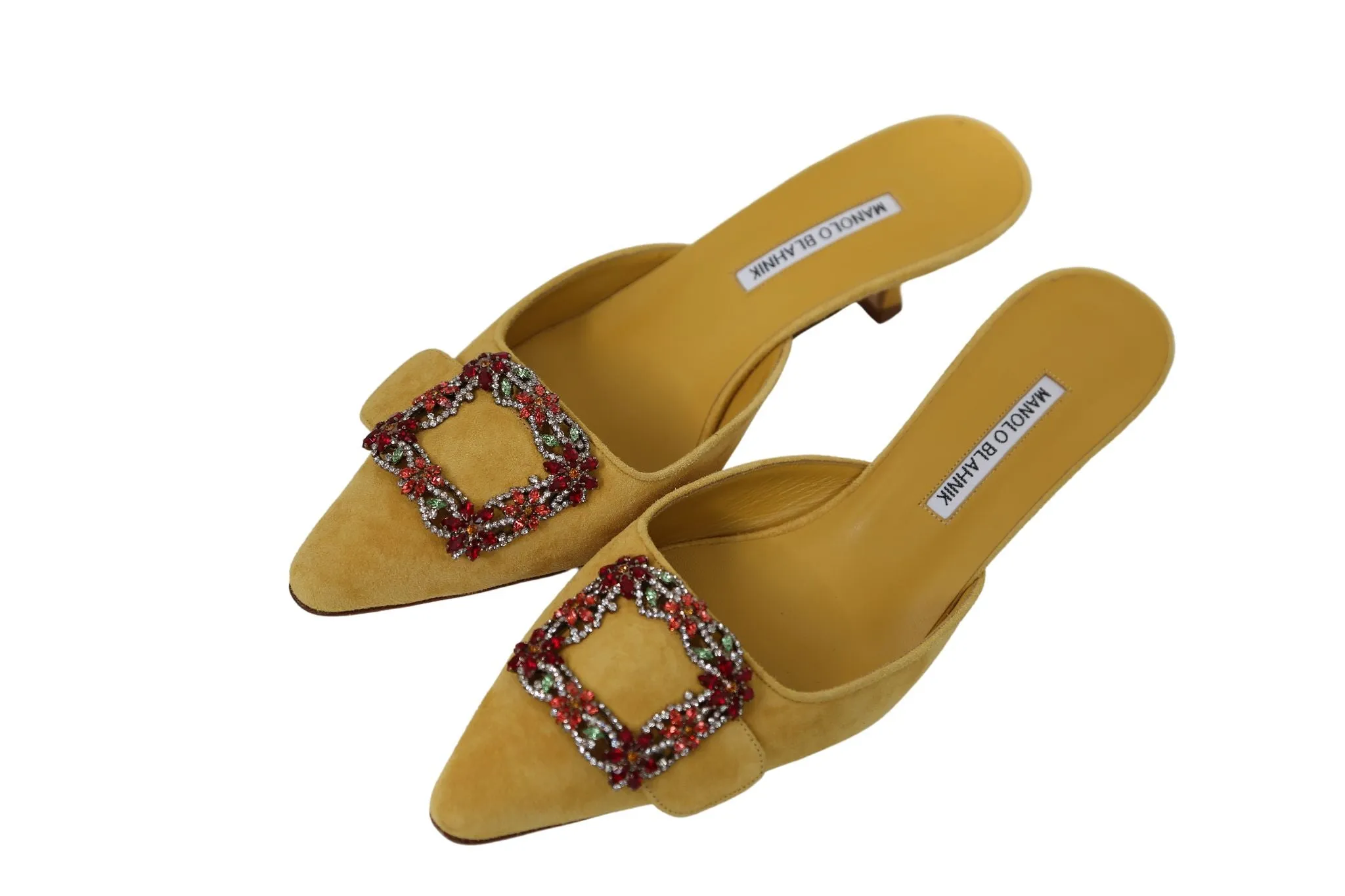 Manolo Blahnik Maysale Yellow Suede Buckle Mules