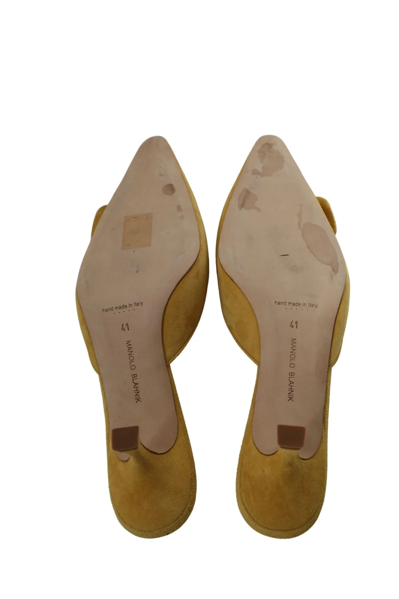 Manolo Blahnik Maysale Yellow Suede Buckle Mules